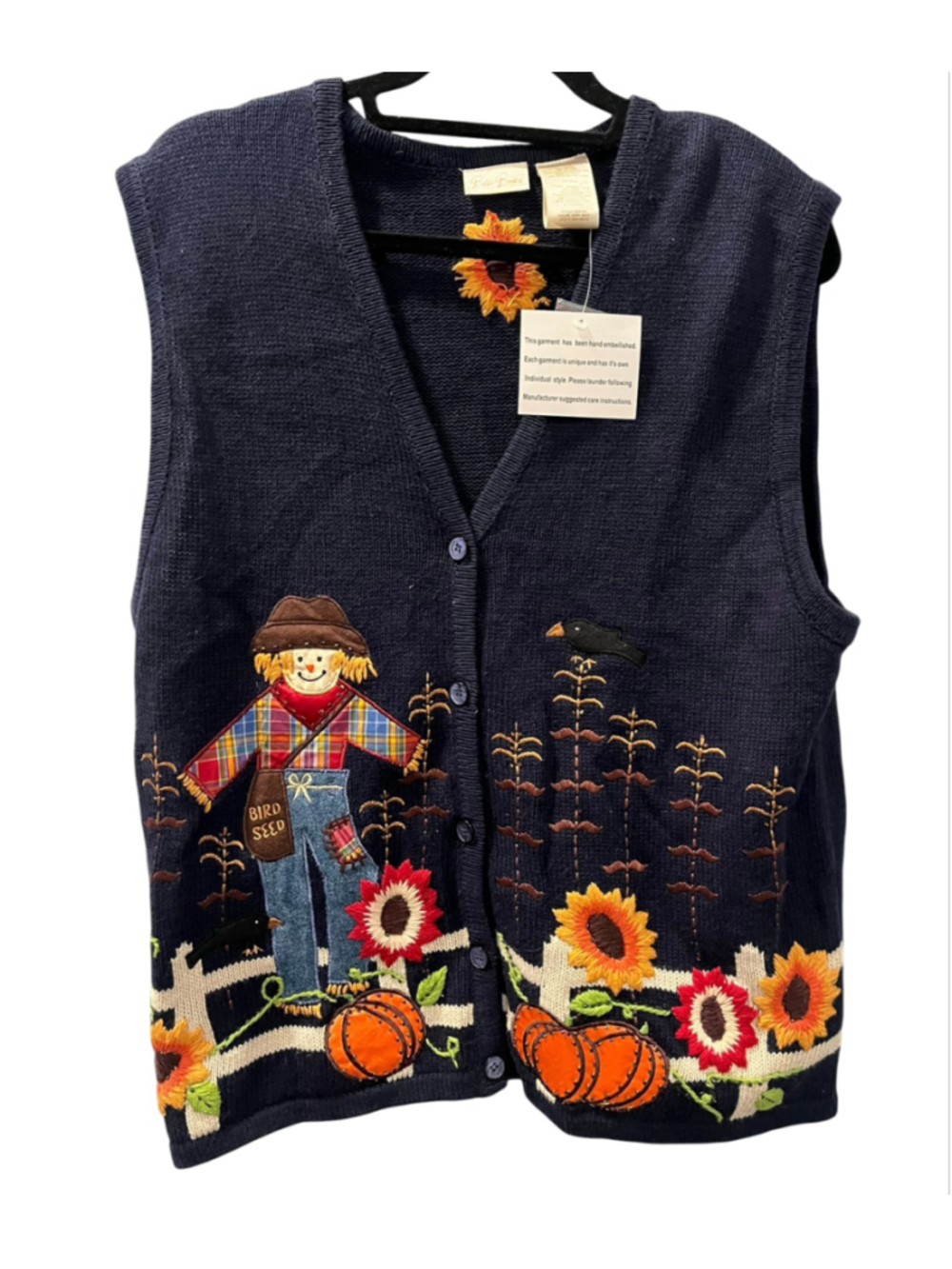 NWT Vtg Bobbie Brooks Fall Harvest Scarecrow Sweater Vest L Pumpkin Sunflower